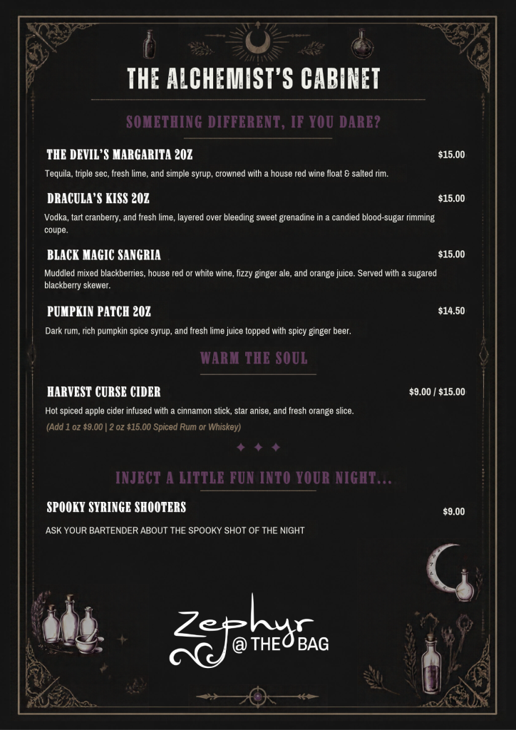 Gothic Halloween Drinks Poster zephyr cafe squamish